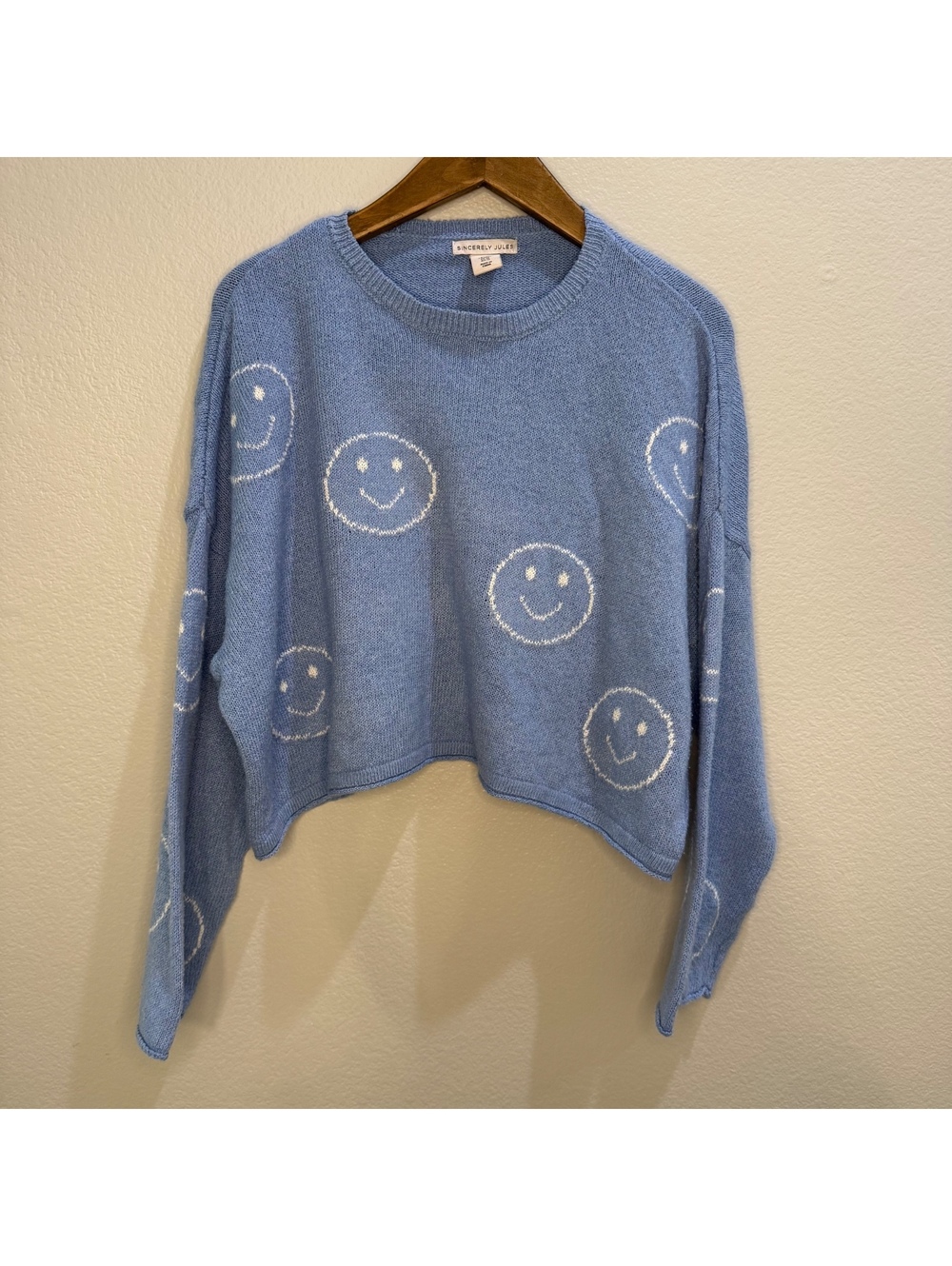 Sincerely Jules Medium Blue Cropped Sweater with White Smiley Face Pattern